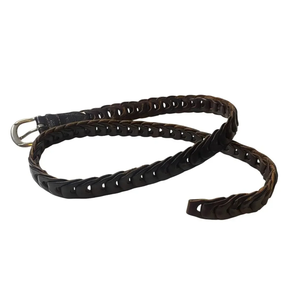 Men's Vintage Dark Brown Woven Leather Belt with silver buckle Size 42